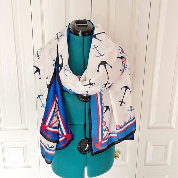 The Limited Red Blue White Anchor Nautical Cruise Polyester Long Wrap Scarf - Picture 1 of 6